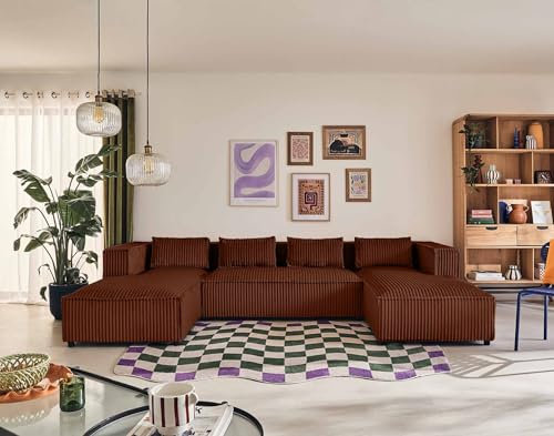 Lisa Design Stella - Wohnlandschaft U-Form - 7 Sitzplätze - aus grob geripptem Samt Terrakotta