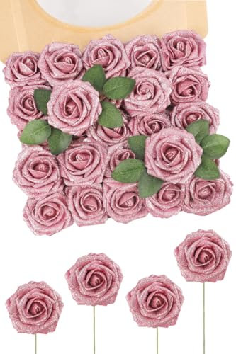 N&T NIETING Artificial Flowers Glitter Roses, 25pcs Pink Fake Roses DIY Flowers with Stems for Wedding Bouquets Centerpieces Arrangement Party Baby Shower and Home Decor(Pink)