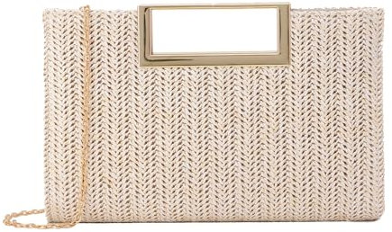 Ynport Crefreak Damen Stroh Clutch Sommer Stroh Dinner Schultertasche mit Metallkette Quadratische Tragetasche Gewebte Handtasche für Hochzeitsfeier, Beige