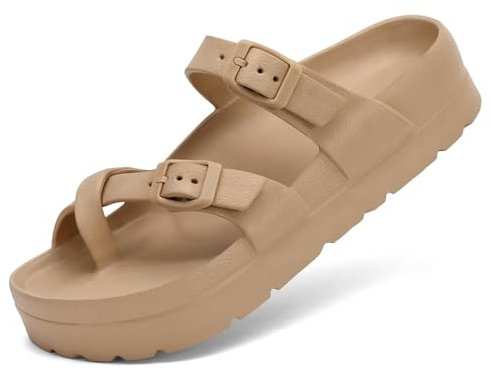 Waysoland Damen Sommer Sandalen, Orthopädische Bequeme Folien Dicke Sohlen flache Sandalen mit einstellbarer Schnalle und Ultra Kissen(Braun, 38 EU)