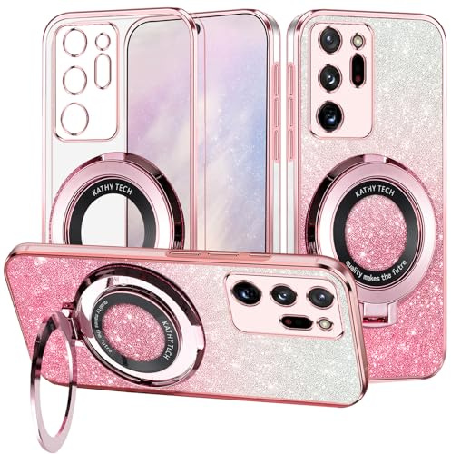 Yarxiawin Custodia Per Samsung Galaxy Note 20 Ultra 5G con Anello Supporto Magnetico Rosa, Glitter Case per Samsung Note 20 Ultra Cover Trasparente Silicone Sottile Brillante Antiurto Morbido (Rosa)