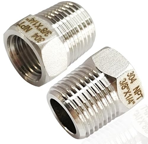 2 Pcs 304 Stainless Steel Reducer Hex Bushing, 3/8 Male NPT to 1/4 Female NPT( 3/8MNPT - 1/4FNPT) Pipe Fitting Hex Bushing, Heavy Duty Pipe Fitting Reducer Adapter (3/8 - 1/4)