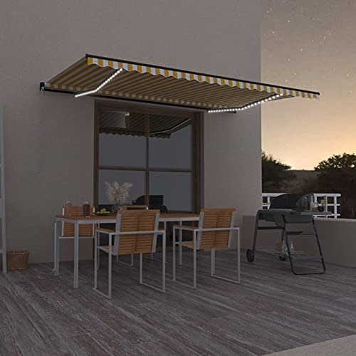 Iiaky Tenda da Sole Manuale con LED 500x300cm Giallo e Bianco,Tenda da Sole per Esterno Avvolgibile,Tenda da Sole a Bracci Estensibili con Telaio in Alluminio,Tettuccio Resistente al Sole e Impermeabi