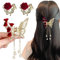 Ypkia Lot de 3 pinces à cheveux papillon moyennes avec pompon en métal - Petite fleur - Pour femme et fille - Accessoire de cheveux fins