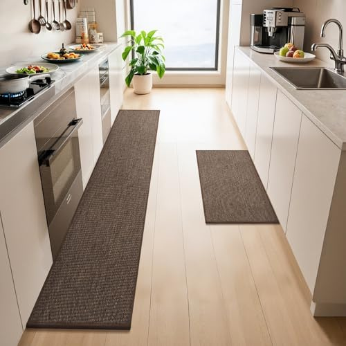 LEKEEPGO 2 Stück Küchenteppich, Teppich Läufer Küche, Küchenläufer, Braun | 43.5x75cm+43.5x200cm, Rutschfest, Schmutzabweisend, Absorbierend, Auslaufsicher, Waschbar, Leicht zu Reinigen,für Küchen,Flur