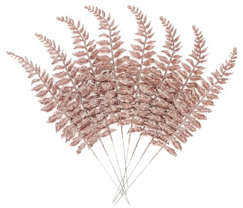 16Pcs Christmas Glitter Leaves Artificial Boston Fern Leaf Picks for Xmas Tree Decoration Vase Filler Flower Arrangment Hallloween Christmas Wreath DIY Crafts Decor (Rose Gold)