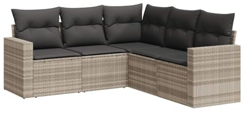 vidaXL Garten Sofa Garnitur 5-TLG., Gartenmöbel Set mit Kissen Stauraum, Sitzgruppe für Garten Terrasse, Modular Gartensofa Lounge, Hellgrau Poly Rattan