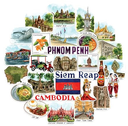 Navy Peony Faszinierende Kambodscha-Reiseaufkleber (28 Stück) – Gestanzt, Angkor Wat, aufkleber im Khmer-Stil für Journale, Scrapbooks, Gepäck
