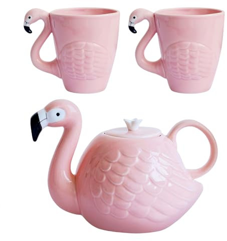 GuoTcusy Set di tazze da caffè e teiera in ceramica con fenicottero rosa, idea regalo per donne, moglie, compleanno, festa della mamma, fidanzata