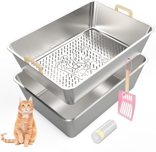 JDCQKHA Stainless Steel Sifting Cat Litter Box, Extra Large Sifting Litter Box for Pine Pellets, Odor Control Metal Cat Litter Box with Metal Scoop and Litter Box Liners, Easy to Clean