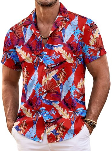 COOFANDY Chemises Hawaïenne Homme A Manches Courtes Funky T-Shirt Chemise a Fleur avec Poche-Avant Casual Ete Plage Rouge- Feuilles de Palmier XL