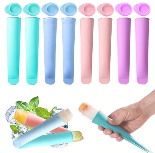 Scettar 8 Stück Eisformen Silikon, 50 Stück Popsicle Taschen, Wiederverwendbare Wassereis Formen BPA Frei mit Deckel, Wassereis Formen Popsicle 100% Lebensmittel Silikon