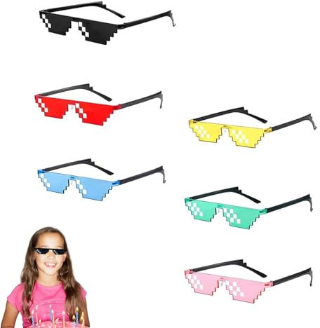 vcsjw 6 Pack Pixel Mosaik Brille Bunt, Pixel Sonnenbrille,Unisex UV Schutz Sonnenbrillen,Lustig Unisex Mosaik Sunglasses,Für Männer Frauen Kinder Foto Requisiten (Rosa, Gelb, Rot, Blau, Schwarz, Gr)