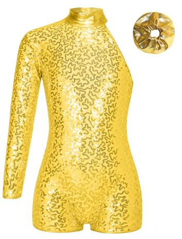 CHICTRY Kinder Pailletten Turnanzug Mädchen Ein Schulter Gymnastikanzug Mit Bein Stehkragen Tanzbody Sport Overall Kurz Jumpsuit Haarband Tanzkostüm Gold 146-152