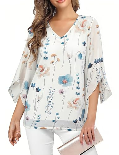 Enmain Tunique Femme Longue Chic et élégant col en V Motif Floral Haut Chemisier Blouse Femme Ample à 3/4 Manches Casual Fete Top