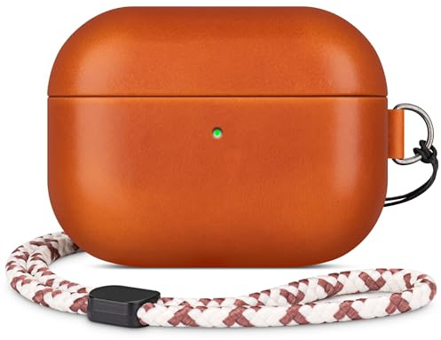 Rixeny Echt Leder Hülle für Apple AirPods Pro 2/1 Schutzhülle, Orange | Elegant-Stil Echt LederHülle case, mit Handschlaufe, Dunkelt mit Patina, Kompatibel mit MagSafe, Einfach tragbar