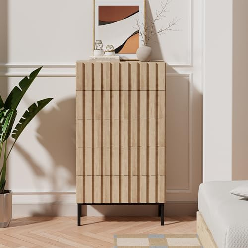 UEV 5 Drawer Chest of Drawers – Tall Narrow Storage Cabinet with Wood Slat Design, Raised Metal Legs and Minimalist Front for Bedroom or Entryway, Ivory White