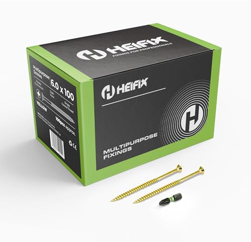 Heifix Multi-Purpose Pozi Wood Screws - 6 x 100mm, 100 QTY, FREE Screw Bit | Multi-purpose Wood Screws For Timber, DIY And General Fixing. Double Countersunk Pozi Design With FREE Matching Screw Bit.