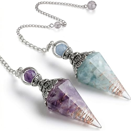 AHEJIOO Pendel Set, 2 Edelstein-Pendel aus Messing mit Harz-Aquamarin und Amethyst, für Wahrsagerei, Energieheilung und Meditation, Esoterik Geschenke, 5.9 cm