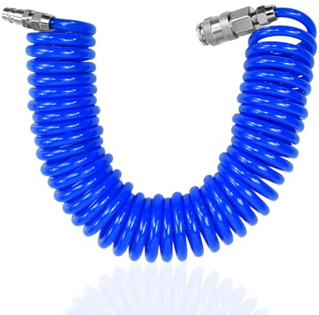 UHETLET Manguera Aire Comprimido Espiral 6m, Manguera para Pistola Compresor con Acople Rápido de1/4”,Manguera de Aire Comprimido en Espiral Ø8mm para Compresor para Uso en Hogar Taller- Hasta 10 bar