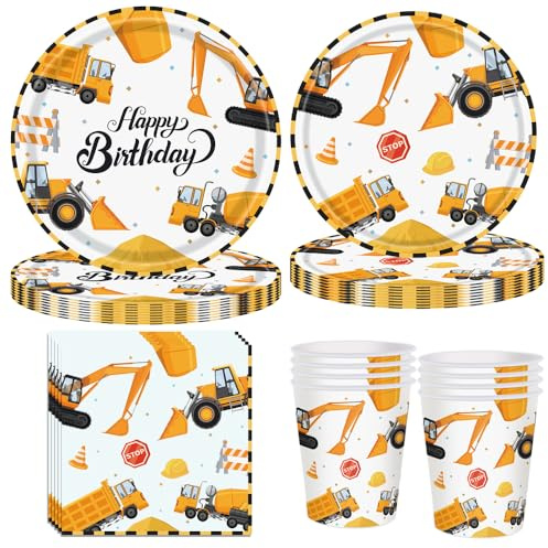 YRsorn Vaisselle de fête pour anniversaire d'enfant - Motif chantier de construction - Assiettes en carton - Gobelets - Serviettes pour décoration d'anniversaire garçon et fille - Pour 16 invités