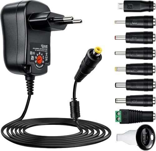 30W Adaptador Universal de 12 V/9 V/7,5 V/6 V/5 V/4,5 V/3 V 2A, Cargador Fuente de Corriente Transformadora, 8 Puntas para Adaptador, Fuente-Adaptadora con Voltaje Múltiple para Portátil LCD Router