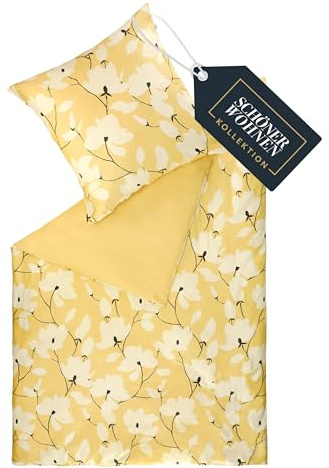 SCHÖNER WOHNEN Satin Bettwäsche 135x200 Baumwolle Blumen Gelb - Luxus Bettwäsche-Set 2teilig - atmungsaktiv - 1x Bettwäschebezug & 1x Kopfkissenbezug 80x80cm Frühling Duvet Cover Set - ÖKO-TEX