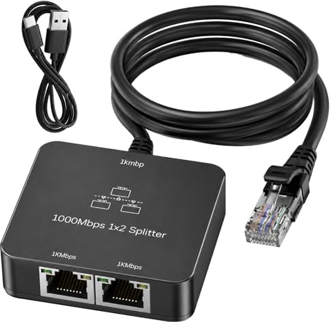 LAN Splitter 1 auf 2 mit Ethernet Kabel 1000Mbps Switch Netzwerkverteiler | Ethernet Gigabit LAN Switch 2 Port Gleichzeitige RJ45 Adapter LAN Verteiler für PC TV Router Gaming PS5 PS4 Xbox Cat5 6 7 8