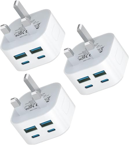 USB C Plug Fast Charge, 3Pack 40W 4-Port Multi USB Plug UK Dual Port PD Power Adapter +QC USBC Mains Wall Charger Head, Type C Fast Charging for iPhone 17/16/15/14/13/12 Pro Max Plus XS XR SE, iPad