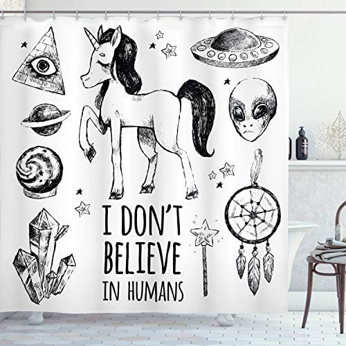 ABAKUHAUS Duschvorhang, Mystische Okkulteren Schwarz-Weiß Set Pyramiden Aliens I Dont Belive in Humans Druck, Blickdicht aus Stoff inkl. 12 Ringen Umweltfreundlich Waschbar, 175 X 200 cm, Schwarz