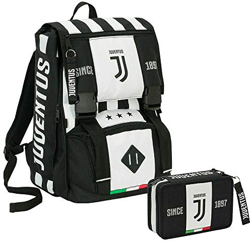 Sac à dos extensible JUVENTUS + Trousse équipée - Blanc & Noir - Gadget assorti - Filet porte-ballon !, Noir , Taglia unica