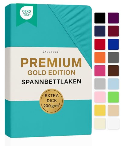 Jacobson Premium Spannbettlaken 200 g/m² Jersey Baumwolle mit Elasthan (120x200-130x200 cm, Türkis)