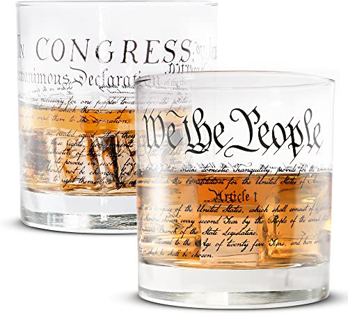 Lucky Shot - Constitution and Declaration of the Independence Whiskey Glass | United States Constitution & We The People | Old Fashioned Rocks Glasses | Independence day Gift for Men -Set of 2 (11 oz)