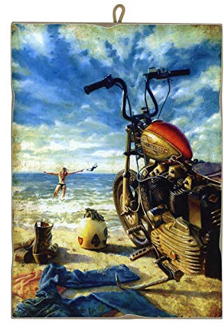 Bild im Vintage-Stil Harley Davidson mit Badewanne, Druck auf Holz