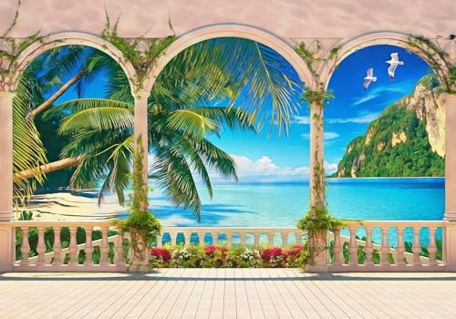 Wesmilewallpaper Papier Peint 3D Intissé Murales Beau Paysage De Plage Balcon Colonne Romaine Papier Peint Panoramique Tapisserie Peinture Géant Poster Photo 400x280cm