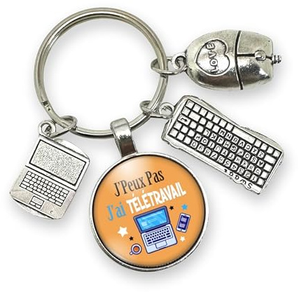 cadeau porte clés « J'Peux Pas, J'ai Télétravail » avec breloques ordinateur, souris et clavier - idée cadeau original - création