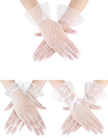 Geyoga Damen Spitzenhandschuhe Elegante Kurze Handschuhe Handgelenklänge Blume Handschuhe für Hochzeit Braut (Heller Stil - 3 Paare)
