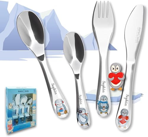 Koru Kids® Kinderbesteck mit Namensgravur Pinguin - 4teilig - Besteck mit Gravur - Kinder Besteckset mit Gravur personalisiert - tolles Taufgeschenk Junge/Mädchen - Besteck mit Namen für Kinder
