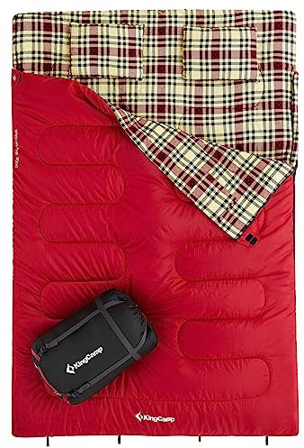 KingCamp Doppelschlafsack Winter Schlafsack 2 Personen Outdoor Warmer Deckenschlafsack Tragbar Leicht 3-4 Jahreszeiten mit 2 Flanell Kissen Camping Schlafsack für Kinder & Erwachsenen 4kg Rot