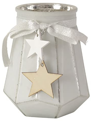 Werner Voss GmbH Windlicht Teelichthalter Glas, H13,5cm, Weiß Silber Stern, Kerzenhalter mit Anhänger