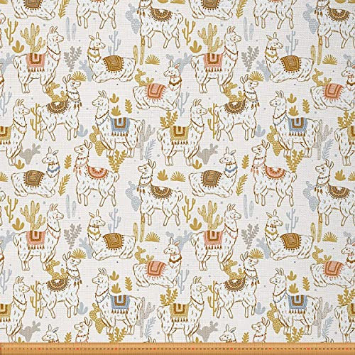 Feelyou Niedlicher Lama-Polsterstoff für Stühle, Cartoon-Lama-Alpaka-Stoff von The Yard, Natur-Kaktus-Dekostoff für Polster und Heimwerker-Projekte, 91 cm, Gold