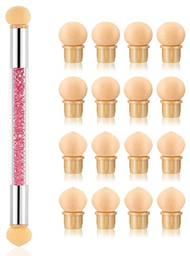 SILPECWEE 1 pinceau à double tête pour nail art, pinceau ombré de manucure avec 16 têtes éponges remplaçables (rose)