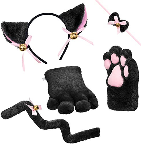 Balinco Katzen Kostüm Set, Katzenohren Haarreif + Plüsch Tatzen/Pfoten + Fliege + Katzenschwanz, Tierkleid, Anime, Cosplay Party, Halloween, Karneval (Schwarz)