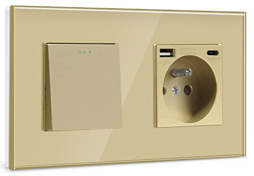 BSEED Interrupteur avec Prise Murale USB et 1 Type C Or,1 Gang 1 Voie Interrupteur d'éclairage pour la salle de bains,Interrupteur à bascule avec panneau en verre,Multiprise Murale avec USB-2.1A