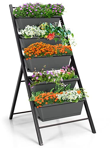 COSTWAY 5-Tier Raised Garden Bed, Vertical Garden Planter with 5 Removable Trays, Drainage Holes and Foot Pads, Indoor Outdoor Elevated Flower Herb Growing Box for Patio Yard Balcony (Grey)