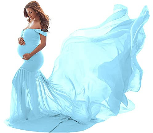 shownicer Robes Enceintes Maternité Photographie Robe Sexy Longue Jupe en Mousseline de Soie Fente Avant pour Souvenirs Photographie A Bleu Taille Unique
