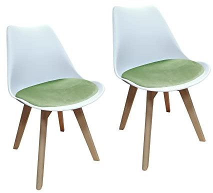 HTI living 2er Set Design-Stühle mit Sitzpolster Esszimmerstühle im skandinavischen Stil Esszimmerstuhl Kunststoffschale Samtbezug Holzfüße Weiß, Hellgrün