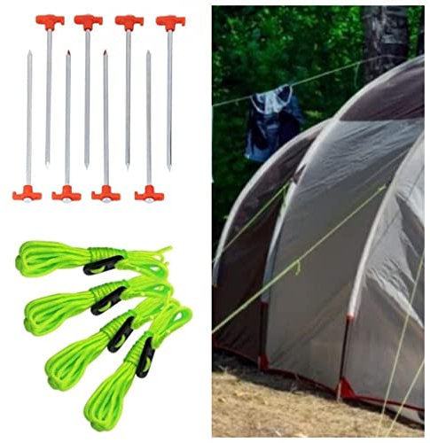 ADEPTNA Large Pack of 8 Heavy Duty Storm Proof Galvanized Steel Rust Proof Tent Pegs With 4 Pack Tent Guy Ropes Reflective with Tension Adjuster
