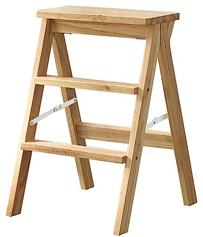 Foldable Ladder Kitchen High Bench Wooden Step Stool Three-step Ladder Rubber Wood Material (Color : B, Size : 63CM)