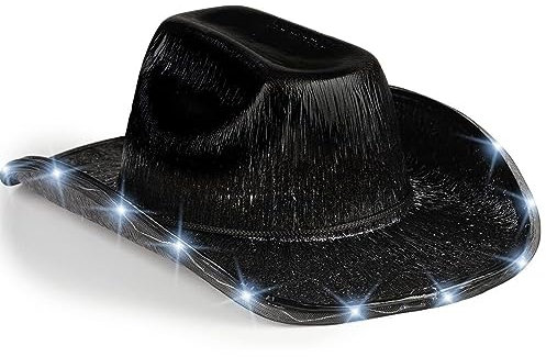 Unisex Cowboyhut mit blinkender LED-Krempe, lustig, beleuchtet, für Hochzeit, Abschlussball, Geburtstag, Party, Halloween, Weihnachten, Cosplay (Schwarz)